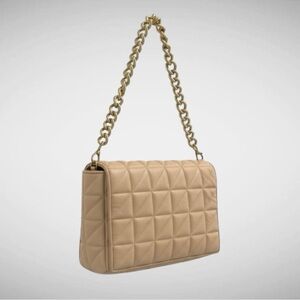 Zara Quilted Beige Shoulder Bag with Gold Chain
